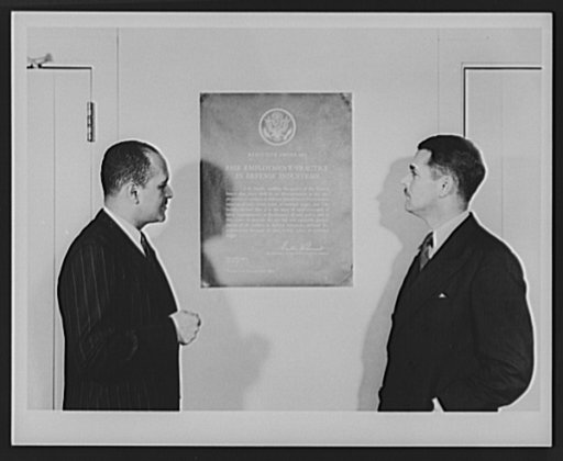 Defense plant poster. Robert C. Weaver, chief of Negro Employment and Training Branch of Labor Division, Office of Personnel Management (OPM). Lawrence Cramer, executive secretary of President's Committee on Fair Employment Practice