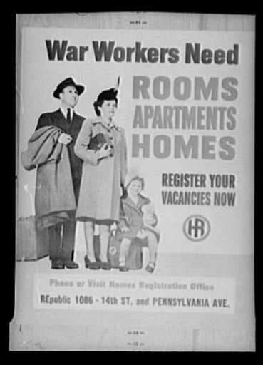 War workers need homes. Posters prepared by the Division of Information, Office for Emergency Management for use of Homes Registration Offices organized by the OEM Division of Defense Housing in 255 communities throughout the United States. The first 500 posters have been distributed in the District