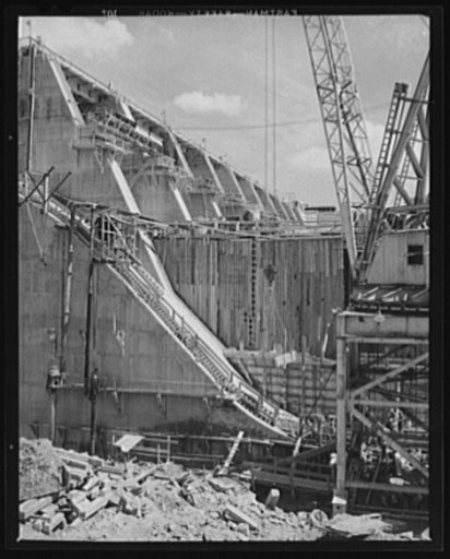 Tennessee Valley Authority power and conservation. Fort Loudoun Dam construction. The downstream face of the spillway of the new Fort Loudoun Dam. This dam is located further upstream than any of the TVA's main Tennessee River projects. Scheduled for closure and first storage of water early in 1943,