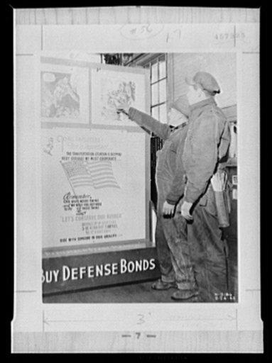 War production drive. Bulletin boards, to be effective, must be interesting. Enlarged copies of dramatic cartoons and forceful messages on car pooling and rubber conservation make the bulletin board at the Northern Pump Company plant a highly important factor in the war production drive