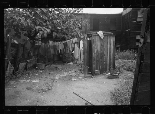 Untitled photo, possibly related to: Backyard and privy near Government Printing Office, Washington, D.C. The pump on the right supplies water for the house back of privy