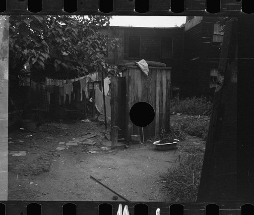 Untitled photo, possibly related to: Backyard privy, Washington, D.C., near Government Printing Office. Puddle of water in front of privy. Pump on right supplies water for house in back of privy