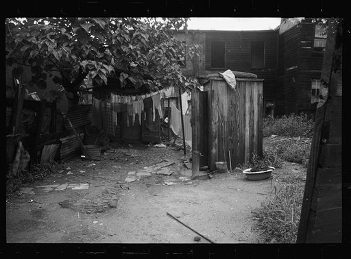 Untitled photo, possibly related to: Backyard privy, Washington, D.C., near Government Printing Office. Puddle of water in front of privy. Pump on right supplies water for house in back of privy