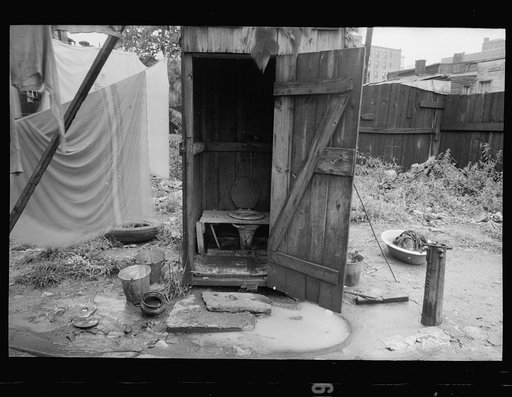 Backyard privy, Washington, D.C., near Government Printing Office. Puddle of water in front of privy. Pump on right supplies water for house in back of privy