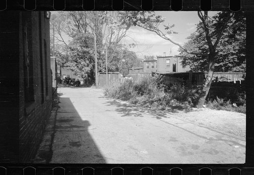 Untitled photo, possibly related to: Old wooden shacks on left of picture inhabited by whites and Negroes. Many of these houses have no inside water supply or toilet. Washington, D.C.