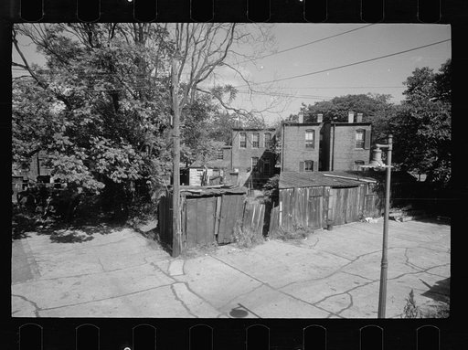 Untitled photo, possibly related to: Old wooden shacks on left of picture inhabited by whites and Negroes. Many of these houses have no inside water supply or toilet. Washington, D.C.