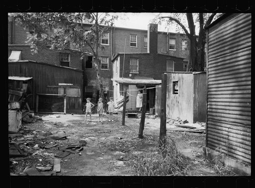 Untitled photo, possibly related to: Children in slum area, Washington, D.C. Children in their backyard in a slum area near the Capitol. This area inhabited by both black and white