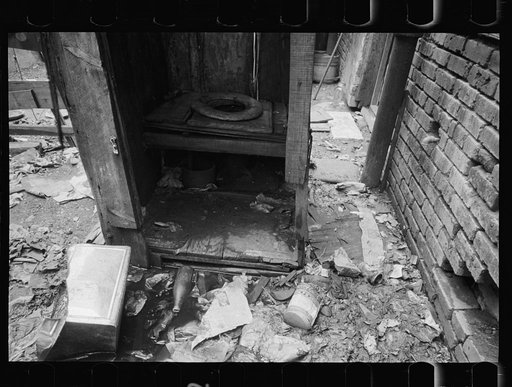Untitled photo, possibly related to: Privy near Capitol, Washington, D.C. This outbuilding leaks and drains on land about it. Negro inhabitants appear oblivious to it all. No door to this privy, but a sheet of canvas which is seldom used