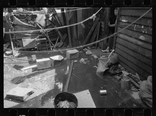 Negro backyard, Washington, D.C. Backyard near Stratford Hotel and within short distance from both the Capitol and Union Station, showing flooded yard and debris. In big rains, kitchen and bedroom floors of this house are so flooded that it is necessary to lay planks on them, the inhabitants say