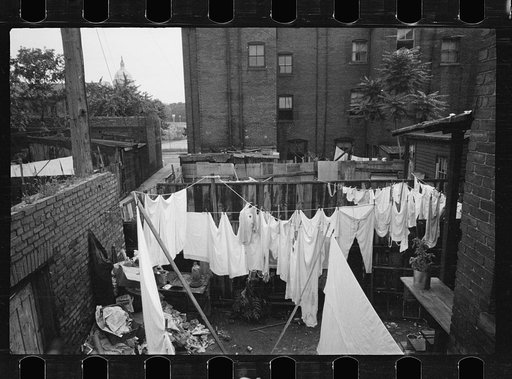 The Capitol can be seen in the background of this backyard slum scene, Washington, D.C.