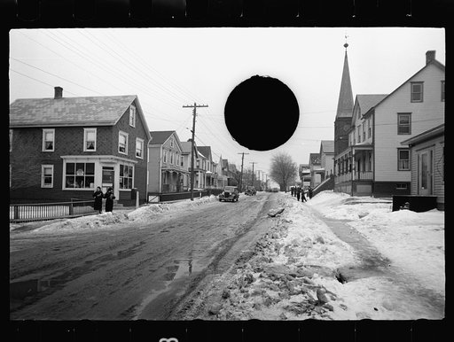 Untitled negative showing South River, old high school at traffic junction, New Jersey