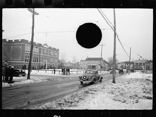 Untitled negative showing South River, old high school at traffic junction, New Jersey