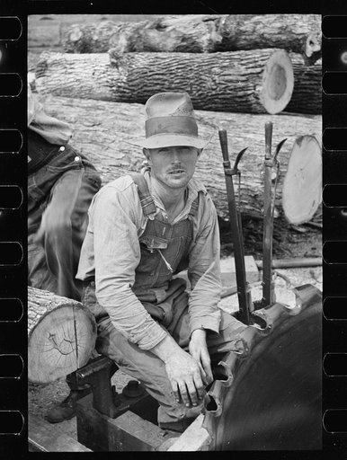 Untitled photo, possibly related to: Splitting shingles with froe and maul on Coalins Project area farm, in western Kentucky