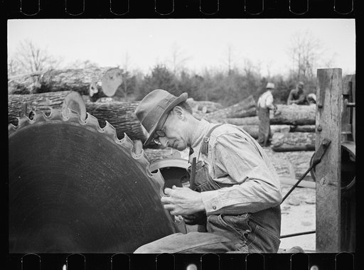 Untitled photo, possibly related to: Splitting shingles with froe and maul on Coalins Project area farm, in western Kentucky