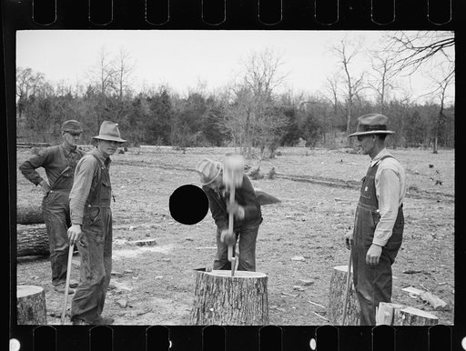 Untitled photo, possibly related to: Splitting shingles, Wilson Cedar Forest, near Lebanon, Tennessee