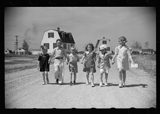 Homestead children coming home from school, Decatur Homesteads, Indiana