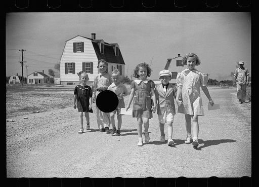 Untitled photo, possibly related to: Homestead children coming home from school, Decatur Homesteads, Indiana