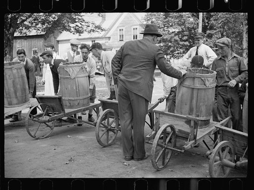 Untitled photo, possibly related to: Fair at Albany, Vermont. The old timers take to the steps of the general store