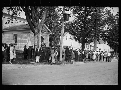Untitled photo, possibly related to: Fair at Albany, Vermont. The old timers take to the steps of the general store