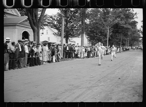 Untitled photo, possibly related to: Start of the two-man wheelbarrow and barrel race. Fair at Albany, Vermont