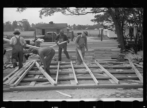 Building wall of prefabricated house, Roanoke Farms, North Carolina