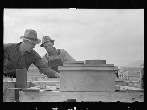At work on prefabricated house, Roanoke Farms, North Carolina
