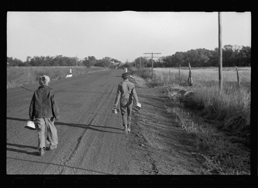 Untitled photo, possibly related to: Farm children on the way to school with lunch pails, Nebraska
