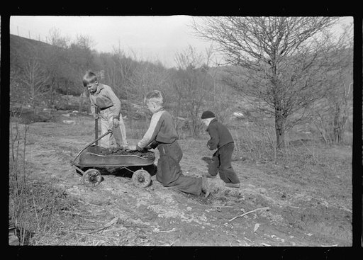 Miner's sons bringing home coal which they have salvaged from slag pile.  Kempton, West Virginia