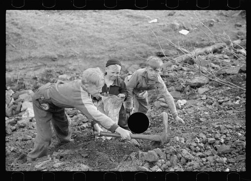 Untitled photo, possibly related to: Miner's sons salvaging coal during May 1939 strike, Kempton, West Virginia