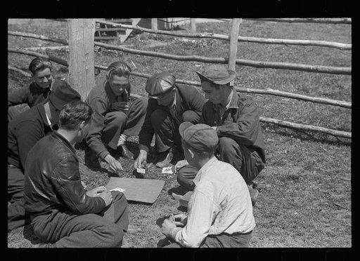 Miners playing cards during May 1939 coal strike. Kempton, West Virginia