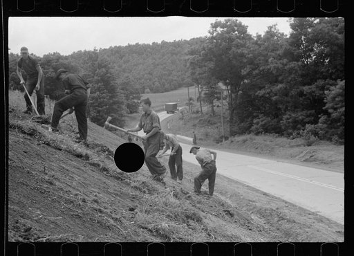 Untitled photo, possibly related to: CCC (Civilian Conservation Corps) boys working at Tygart Valley Homesteads, West Virginia