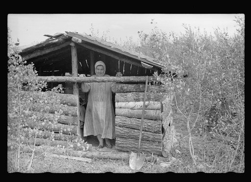 Untitled photo, possibly related to: Mrs. Howard, who lives with her daughter in one-room cabin they built themselves, Aitkin County, Minnesota