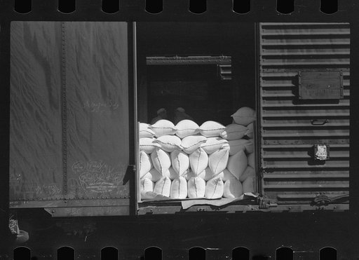 Freight car loaded with sacks of flour, Pillsbury mills, Minneapolis, Minnesota
