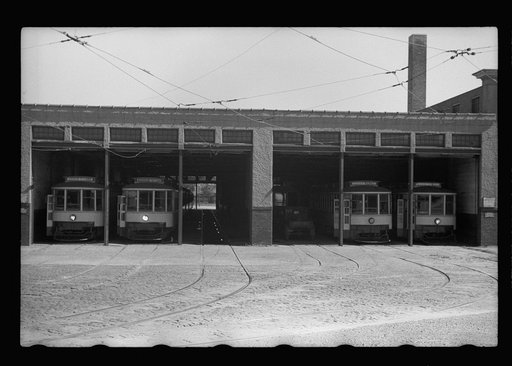 Streetcars in car barn, Minneapolis, Minnesota