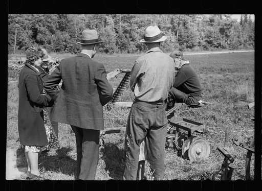 Untitled photo, possibly related to: Farmers looking over sled at auction near Tenstrike, Minnesota