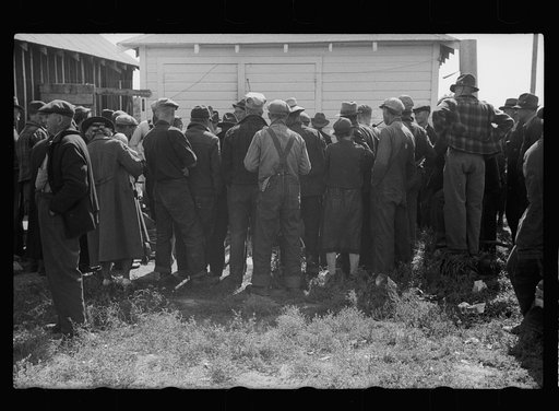 Untitled photo, possibly related to: Auctioneer trying to sell pitchfork, near Tenstrike, Minnesota