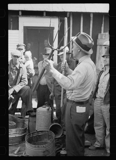 Auctioneer trying to sell pitchfork, Tenstrike, Minnesota