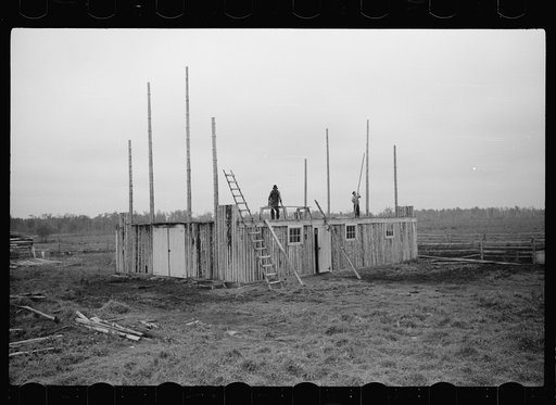 Untitled photo, possibly related to: Farmer and son, rehabilitation clients, building barn which FSA (Farm Security Administration) loan enables them to build, Lake of the Woods County, Minnesota