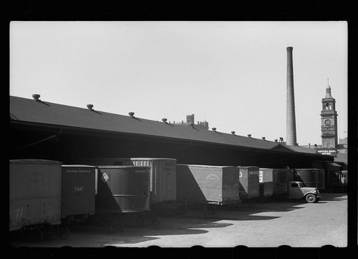 Trucks at terminal warehouse, Minneapolis, Minnesota