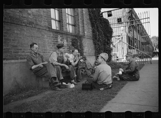 Lunch hour, employees of tractor factory, Minneapolis, Minnesota
