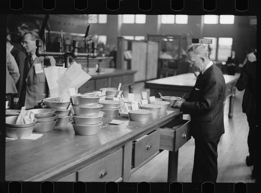 Untitled photo, possibly related to: Buyer examining sample of oats at open market, Minneapolis Grain Exchange, Minnesota