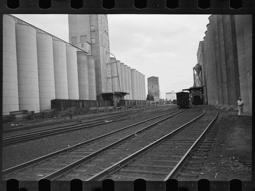 Untitled photo, possibly related to: Freight cars at grain elevator with lumber used for boarding up carloads of grain, Minneapolis, Minnesota