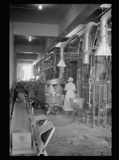 Untitled photo, possibly related to: Packing flour, Pillsbury mills, Minneapolis, Minnesota