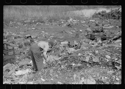 Untitled photo, possibly related to: Foraging for food, city dump, Dubuque, Iowa. Produce houses dump apples, grapefruit, etc., which are not quite bad