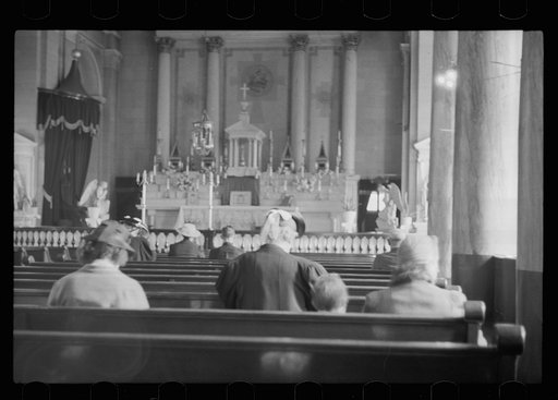 People waiting for mass to begin, old cathedral, St. Louis, Missouri