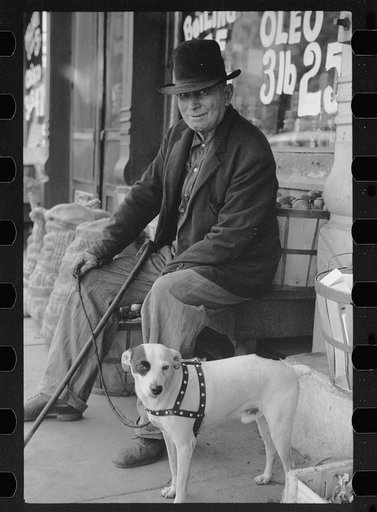 Untitled photo, possibly related to: Man and dogs in front of grocery store, Robinson, Illinois