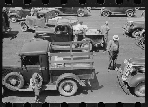 Untitled photo, possibly related to: Buyer examining cherries in fruit market, Benton Harbor, Michigan