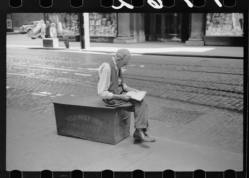 Man waiting for street car, Chicago, Illinois