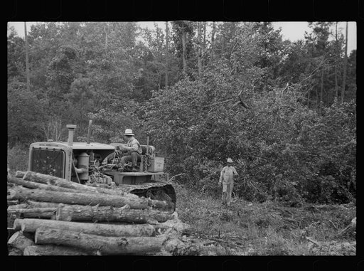 Untitled photo, possibly related to: Tractor being used to clear land, Pender County, North Carolina