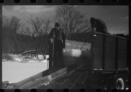 Untitled photo, possibly related to: Cutting ice on the Ottaquetchee River, Coos County, New Hampshire